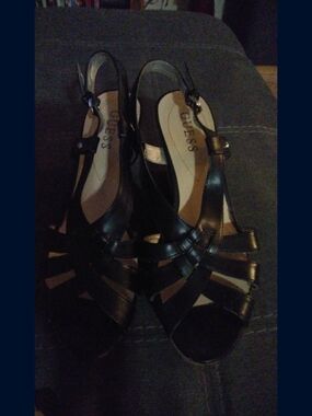 GUESS Black Wedge Leather Strappy Slingback Heels Size 9